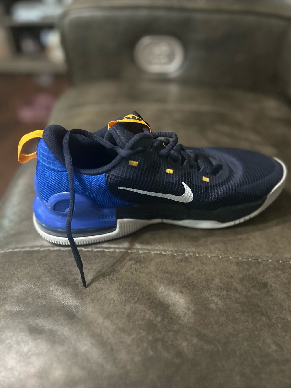 Nike Navy & Royal Blue Athletic Shoe with White Swoosh and Yellow Accents
